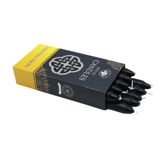 Box of black candles with a yellow label on a white background