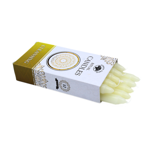 Box of white candles with a white background
