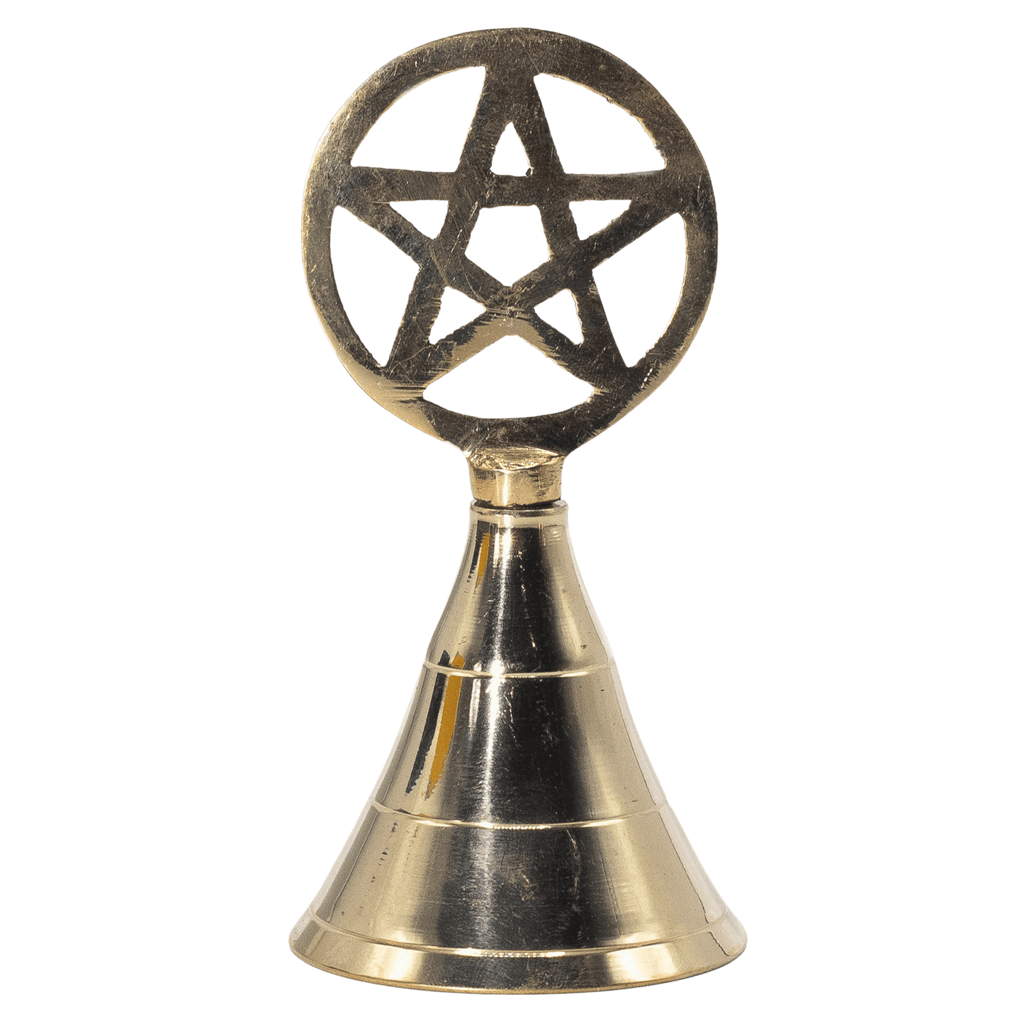 Brass bell with pentagram design on a green background