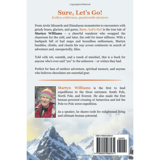 Book back cover with text and a photo of a person wearing a colorful hat and jacket, set against a mountainous landscape.