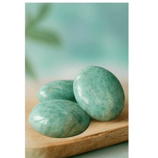 Three Amazonite teal colour stones on a wooden surface with a blurred green background
