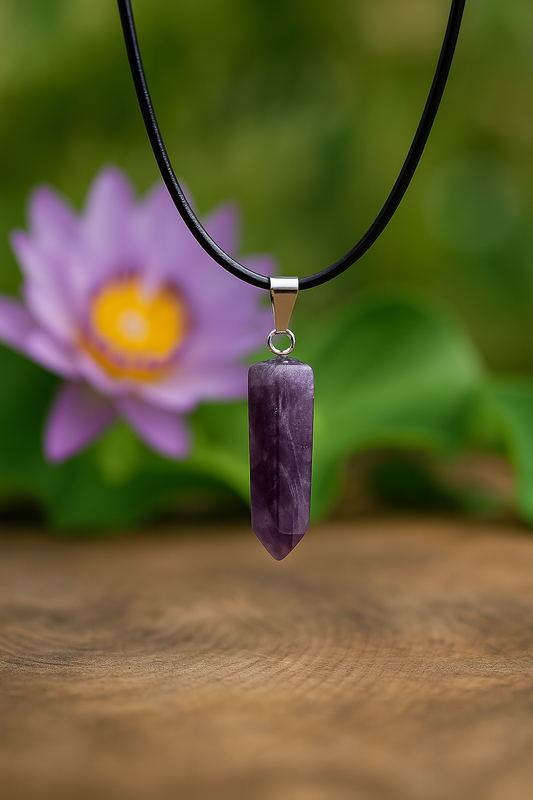 Purple crystal pendant on a black cord with a blurred purple flower in the background