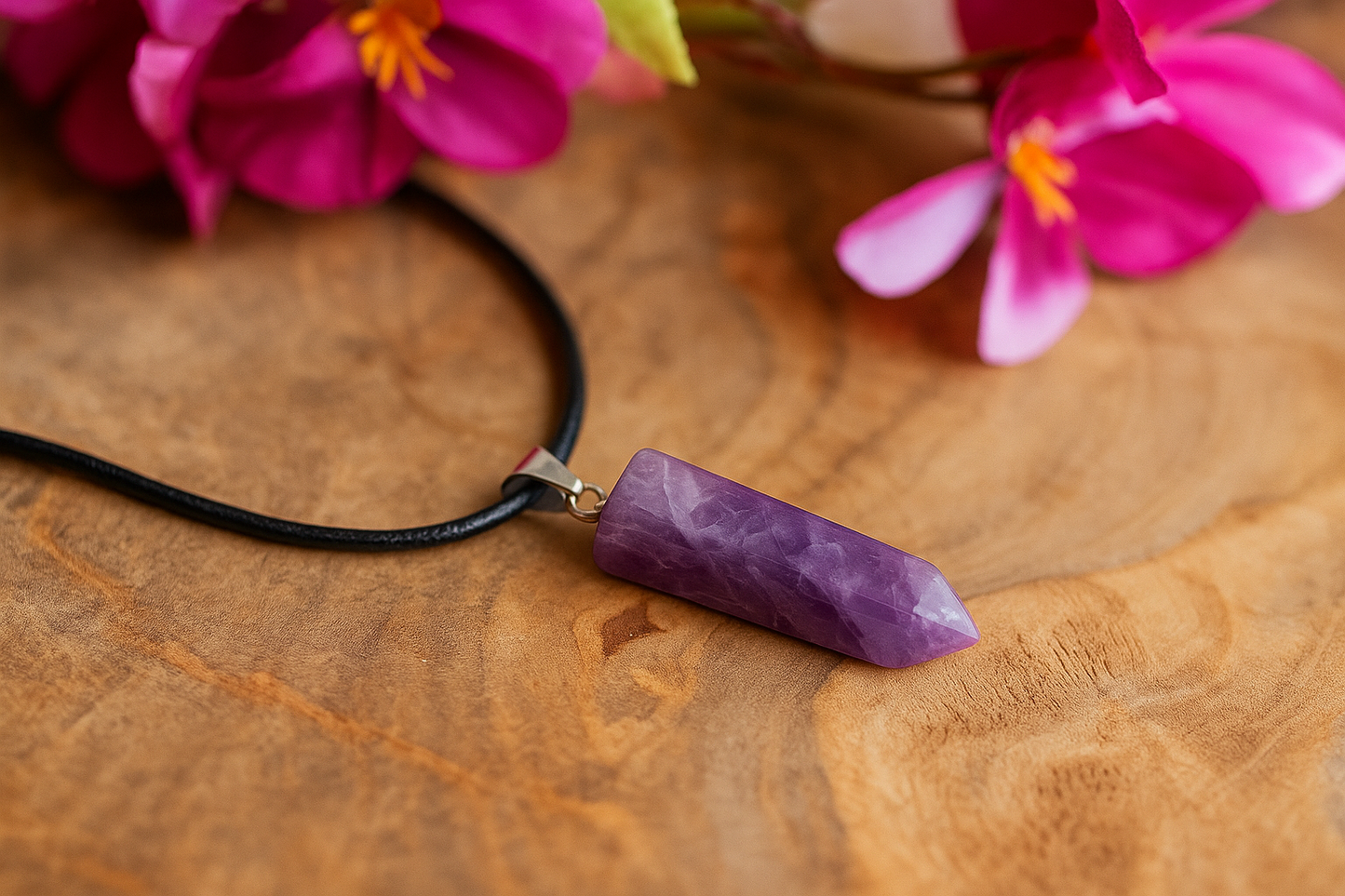 Purple stone pendant on a black cord with pink flowers in the background on a wooden surface