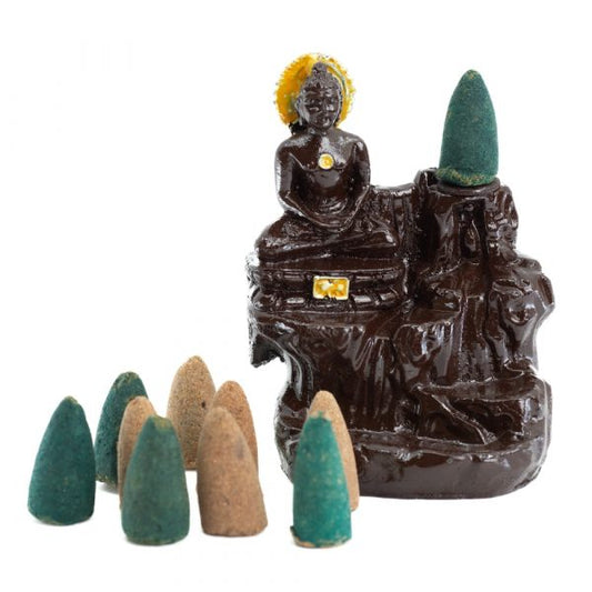 BACKFLOW INCENSE BURNER MEDITATING BUDDHA 10cm WITH CONES – Relaxing Waterfall Effect - Spirit And Shadow