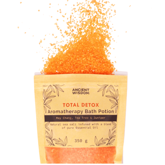 The orange Aromatherapy Bath potion natural sea salt bursting out of the kraft packet