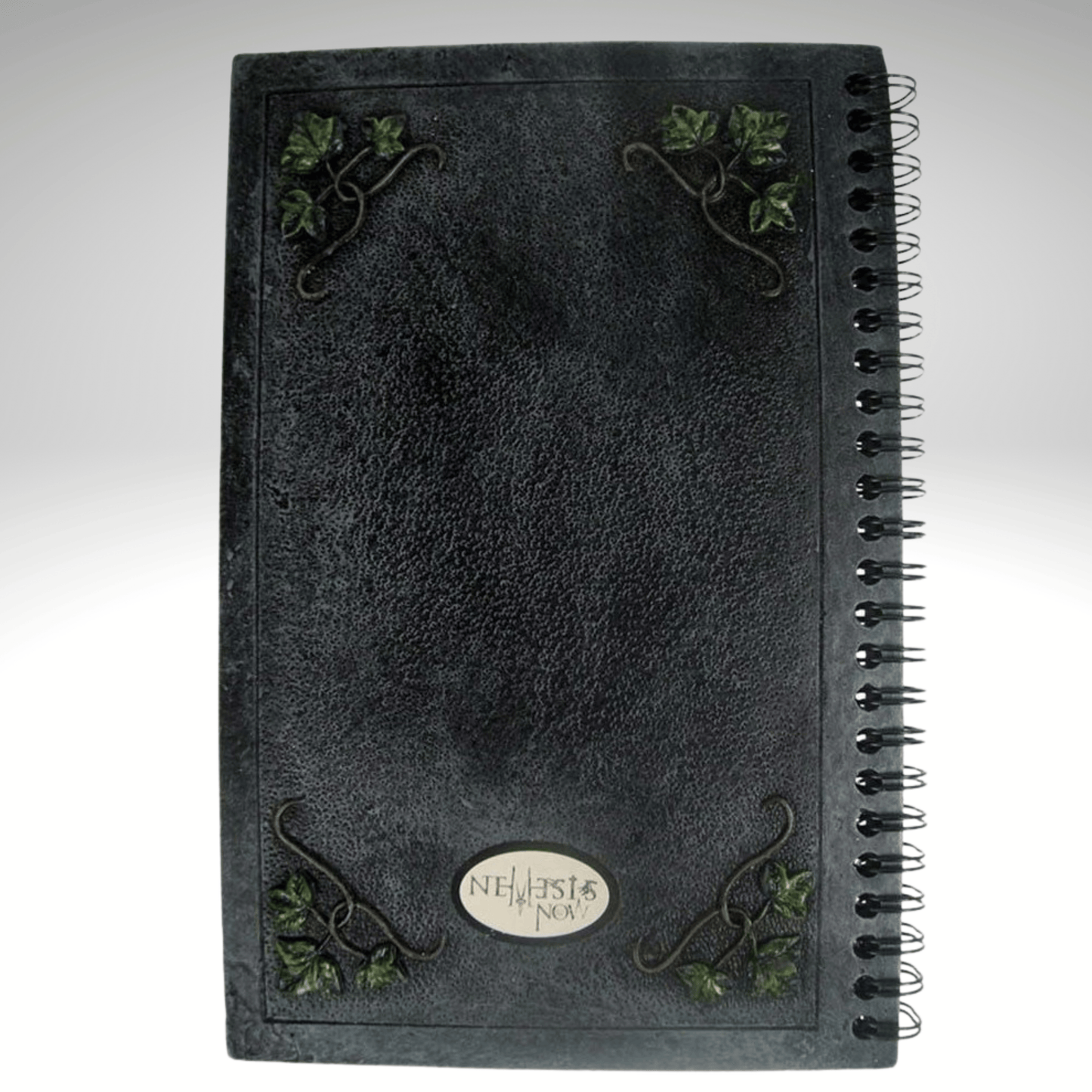 Back cover. Dark gray resin cover heavy journal with decorative ivy elements on a white background