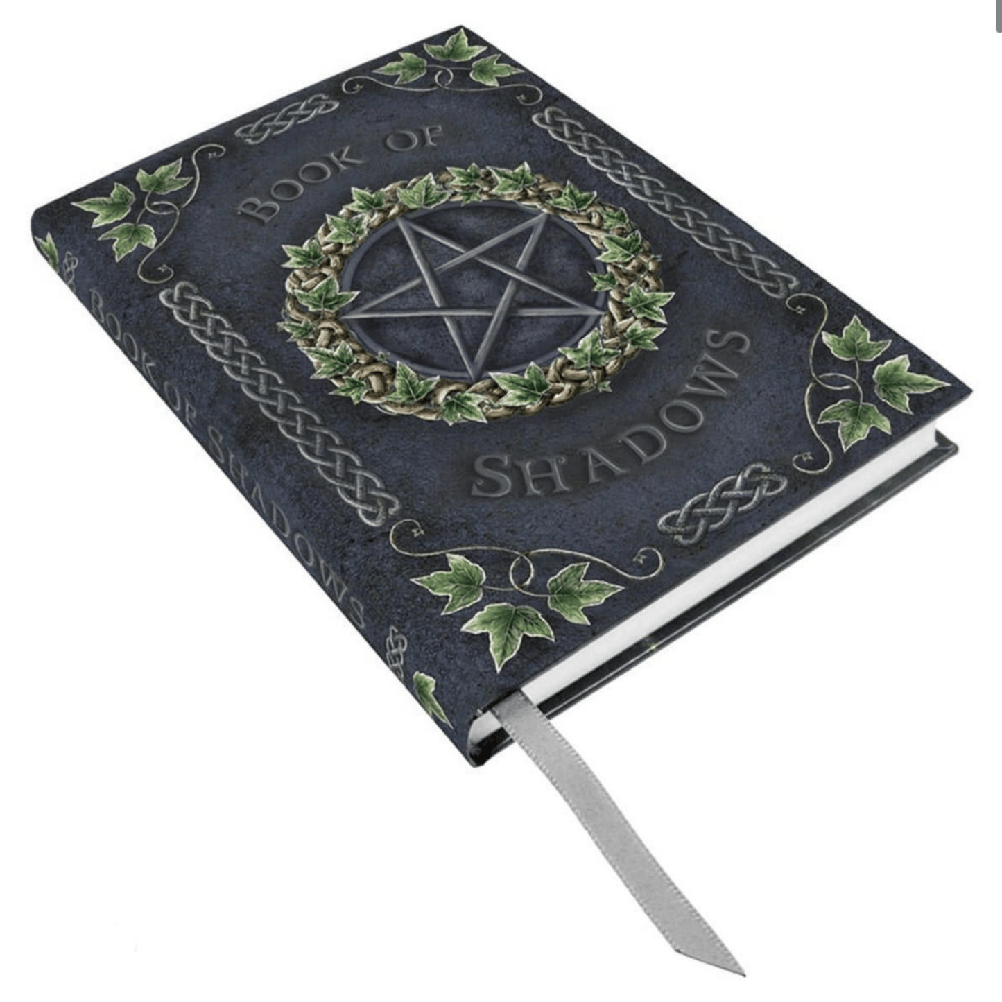 Decorative notebook titled 'Book of Shadows' with pentagram design on a white background