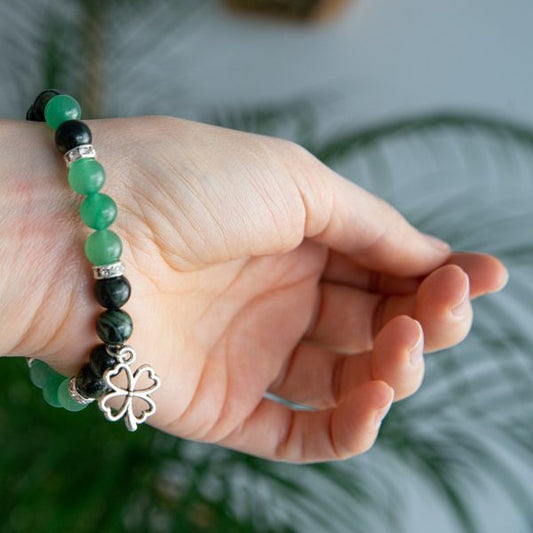 GREEN AVENTURINE & LABRADORITE SPIRITUAL BRACELET WITH FOUR LEAF CLOVER CHARM - Spirit And Shadow