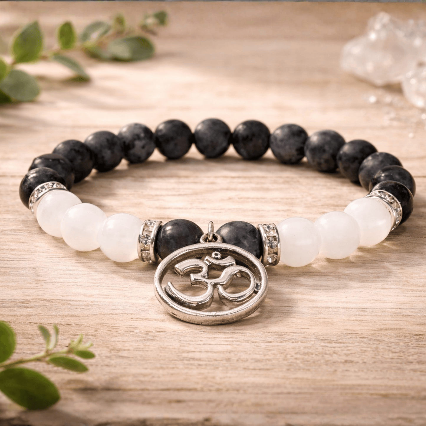 LABRADORITE & WHITE AGATE BRACELET WITH OM CHARM – Protection Balance & Spiritual Energy