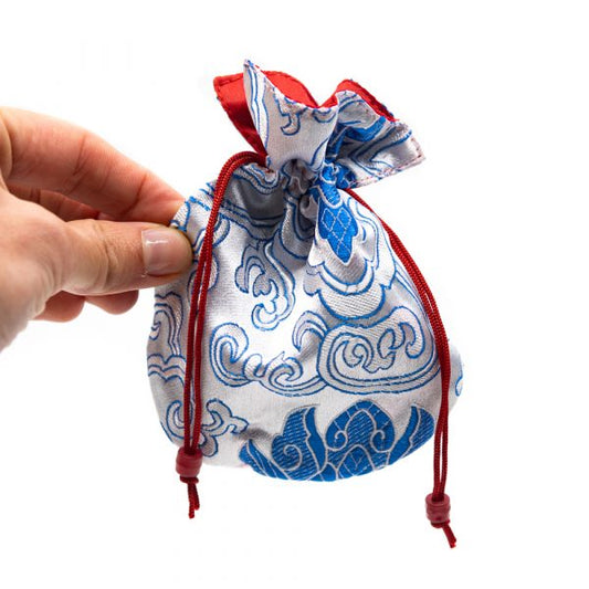 HANDMADE WHITE BLUE BROCADE BAG – Ideal for Pendulums, Malas, Treasures And Spell Bag - Spirit And Shadow