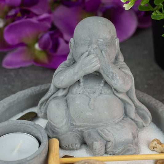 BUDDHA MINI ZEN GARDEN - Round with Laughing Buddha - Spirit And Shadow