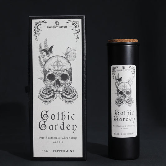 Gothic Garden Purification and Cleansing Candle with Sage and Peppermint by Spirit & Shadow – boxed black soy wax spell candle with skull and rose design and included ritual spell card