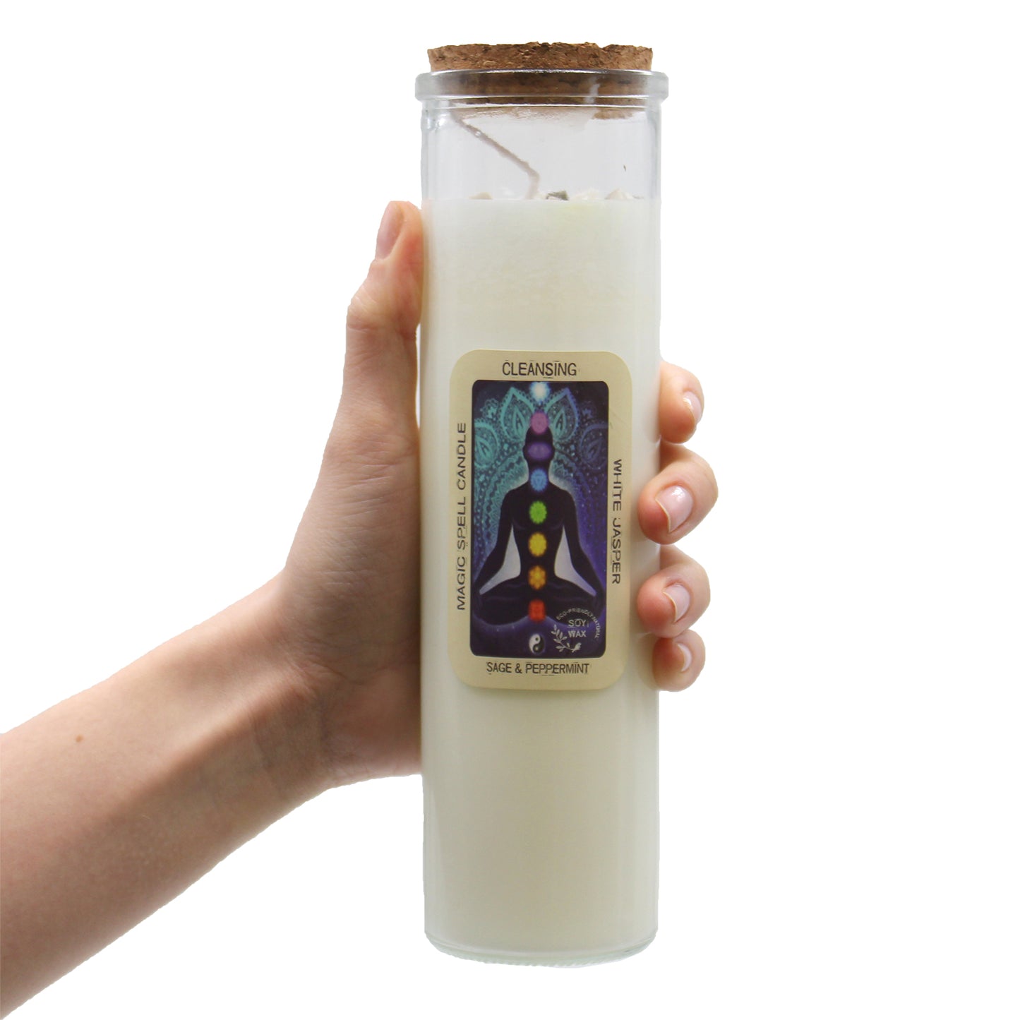 MAGIC SPELL CANDLE – CLEANSING Soy Wax with White Jasper Crystals & Sage Peppermint Scent - Spirit And Shadow