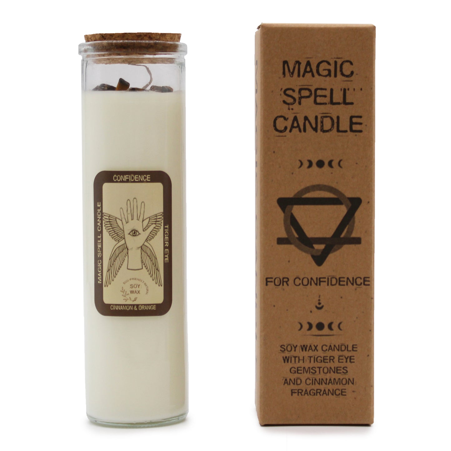 MAGIC SPELL CANDLE –CONFIDENCE Tiger Eye Crystals & Cinnamon-Orange Scent - Spirit And Shadow