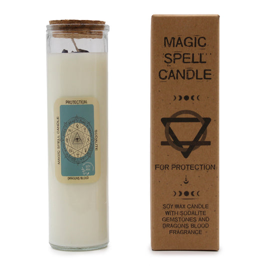 MAGIC SPELL CANDLE - PROTECTION with Sodalite Crystals & Dragon’s Blood Scent - Spirit And Shadow