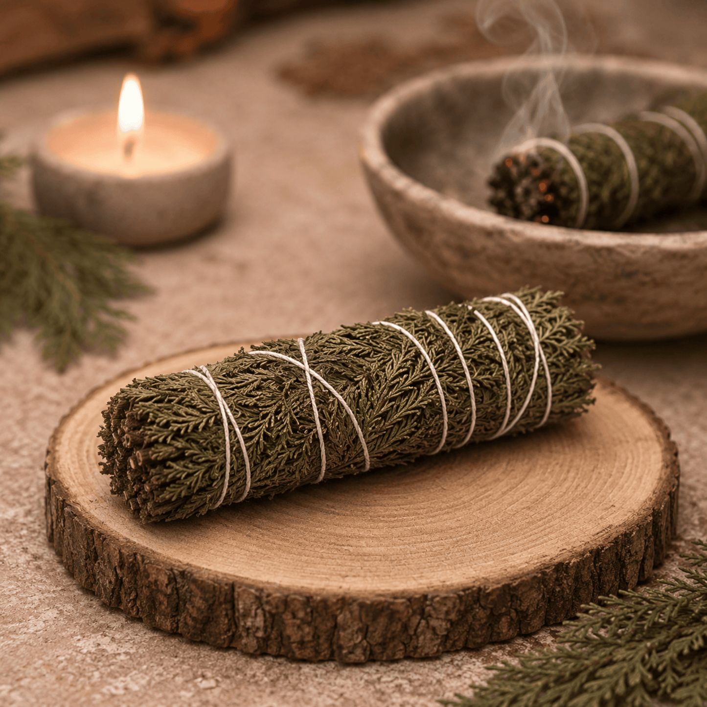 Rolled green cedar on a wooden platter with a candle and bowl in the background