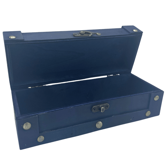 Vintage teal storage box opened with metal studs