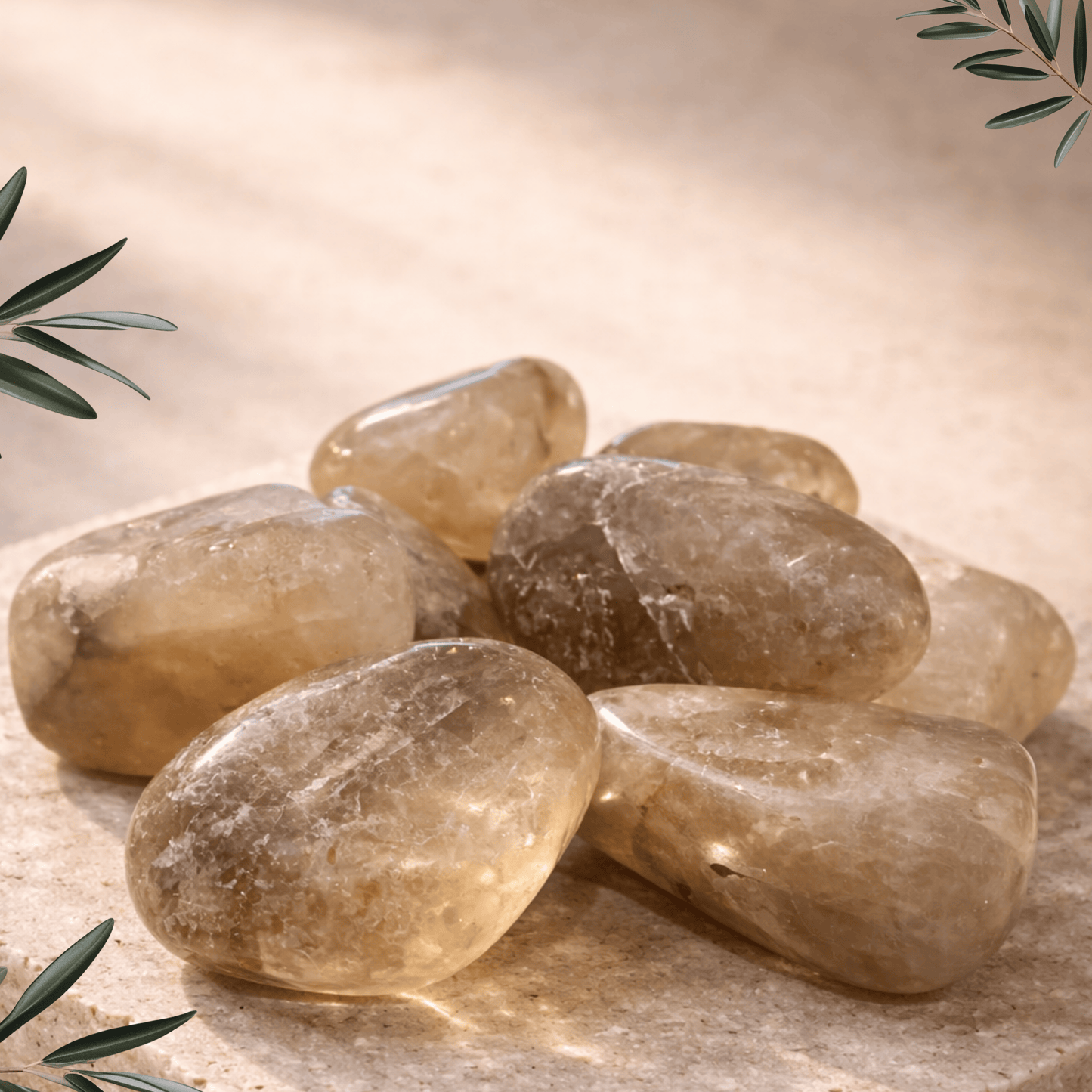 Natural Citrine on a beige surface with green leaves in the background