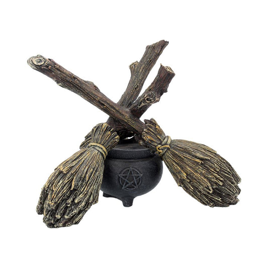 BROOMSTICK CAULDRON CRYSTAL BALL HOLDER - Witchy Wiccan Witchcraft Broomsticks Cauldron 17cm - Spirit And Shadow