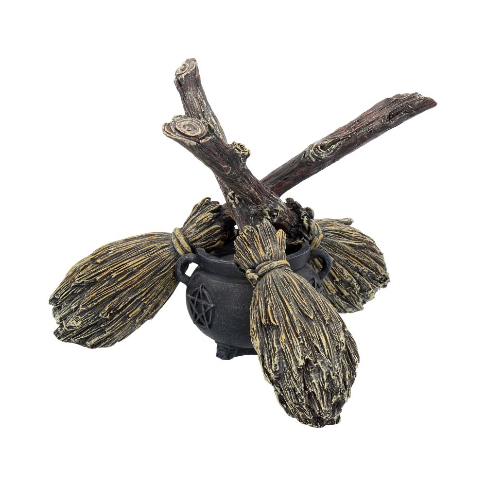 BROOMSTICK CAULDRON CRYSTAL BALL HOLDER - Witchy Wiccan Witchcraft Broomsticks Cauldron 17cm - Spirit And Shadow