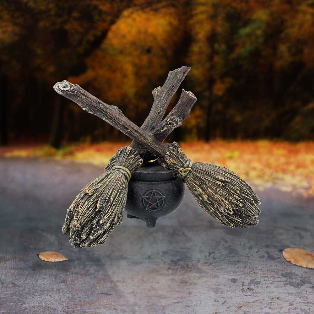 BROOMSTICK CAULDRON CRYSTAL BALL HOLDER - Witchy Wiccan Witchcraft Broomsticks Cauldron 17cm - Spirit And Shadow