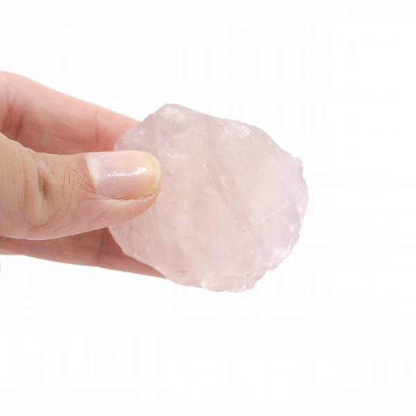 Hand holding a rose quartz raw crystal in between fingers