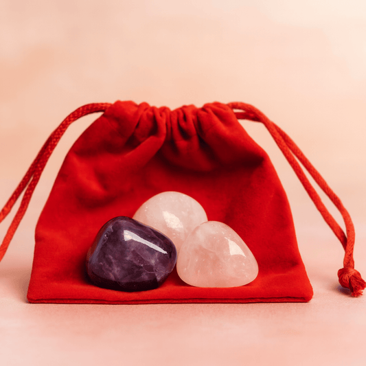 GOLDEN TRIANGLE GEMSTONE SET – Amethyst, Rock Crystal & Rose Quartz in Velvet Bag