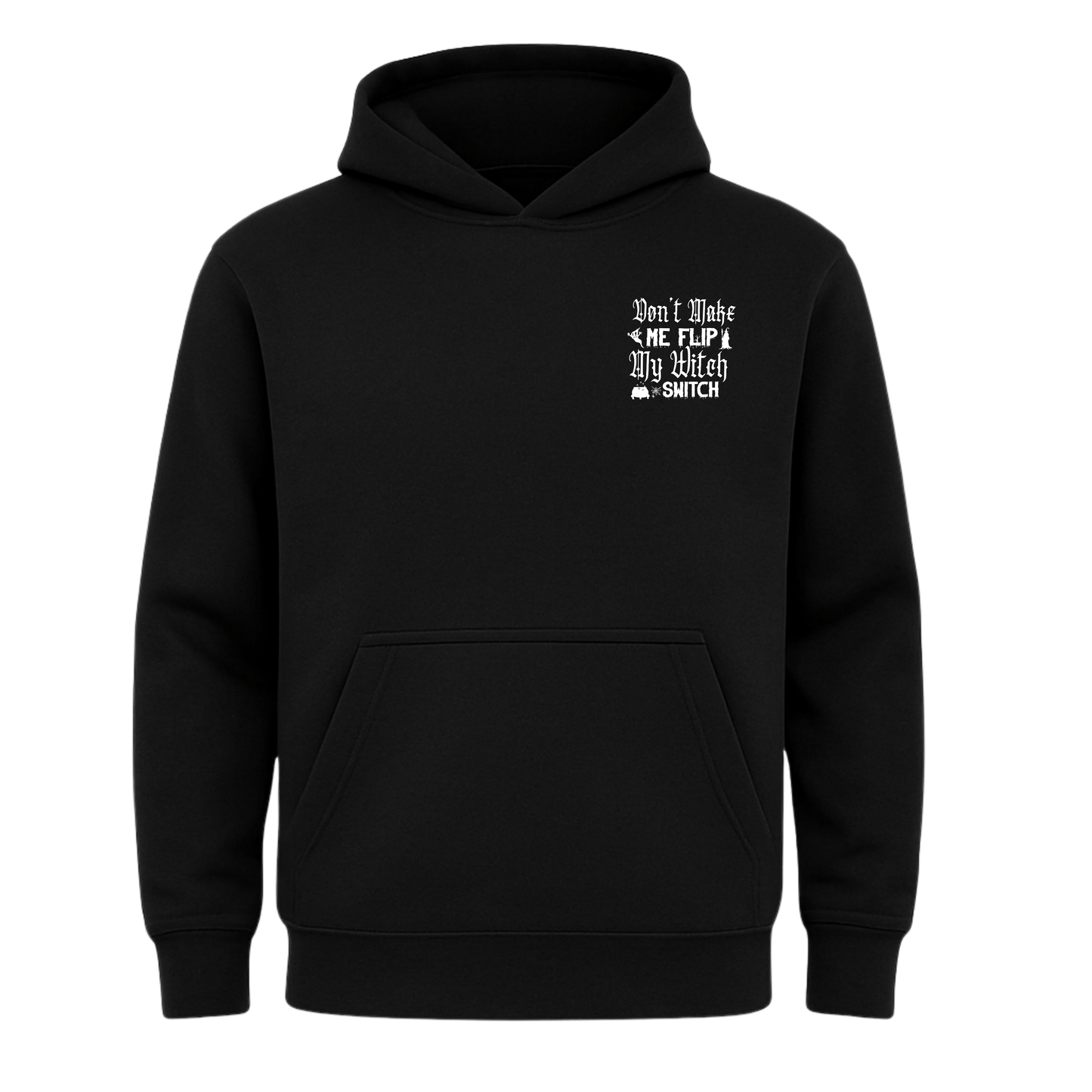 Black hoodie with white text on a white background