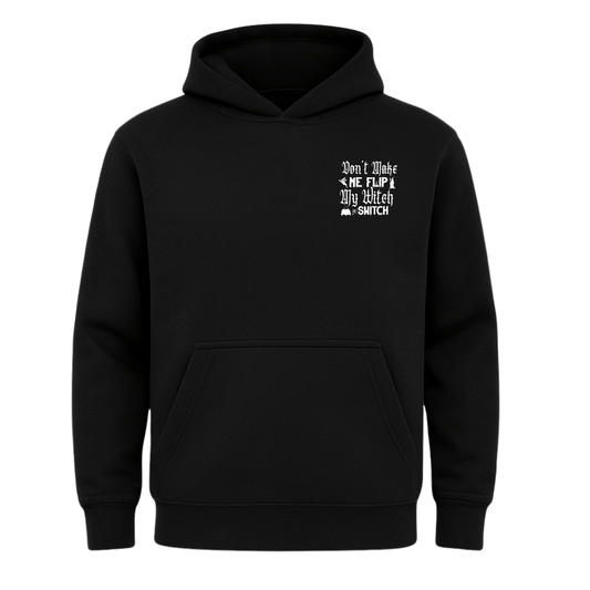 Black hoodie with white text on a white background