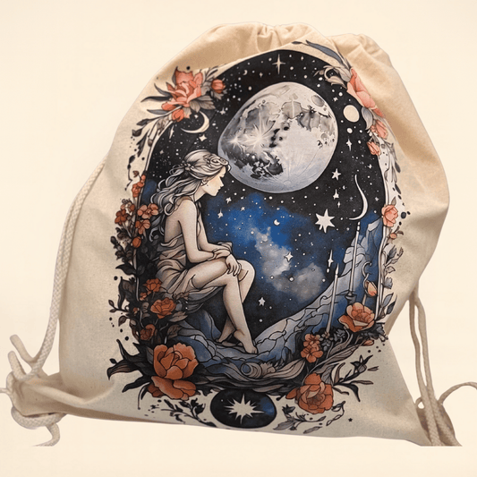 Drawstring bag with celestial design featuring a woman, moon, and stars on a beige background