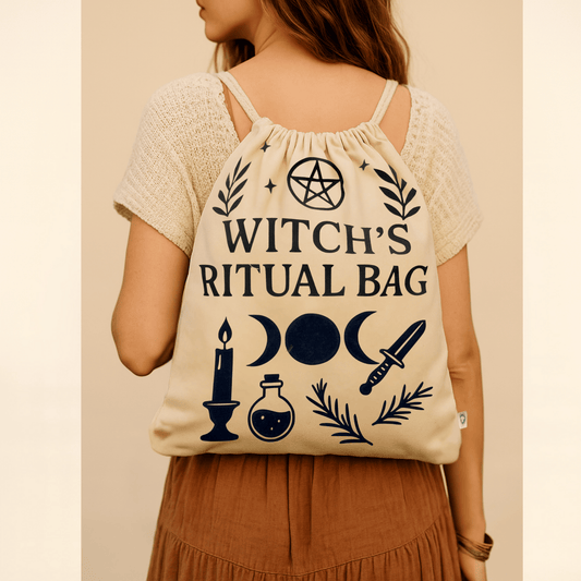 Person wearing a 'Witch's Ritual Bag' with symbols on a beige background