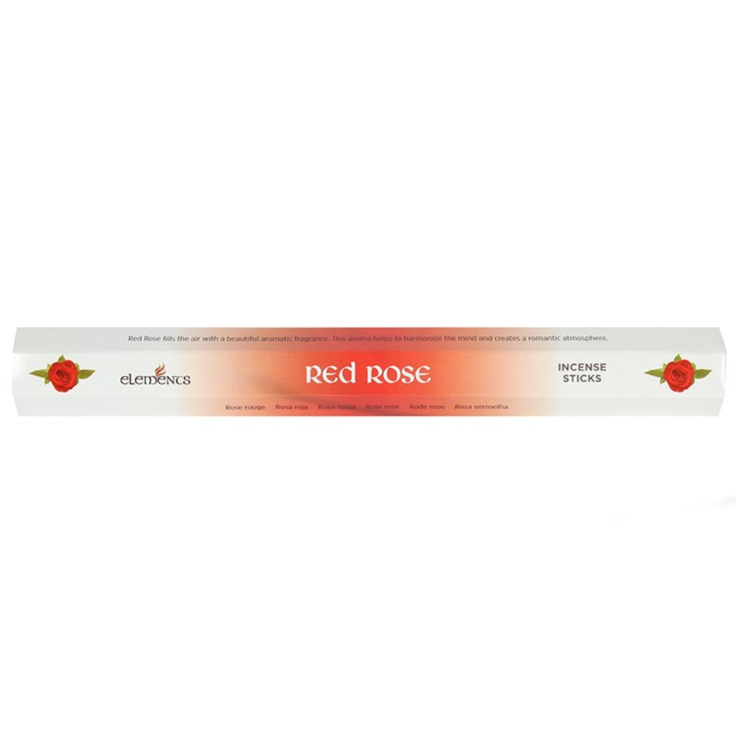 Elementus Red Rose Incense Sticks packaging box, featuring a white and orange gradient design with red rose illustrations on the sides.