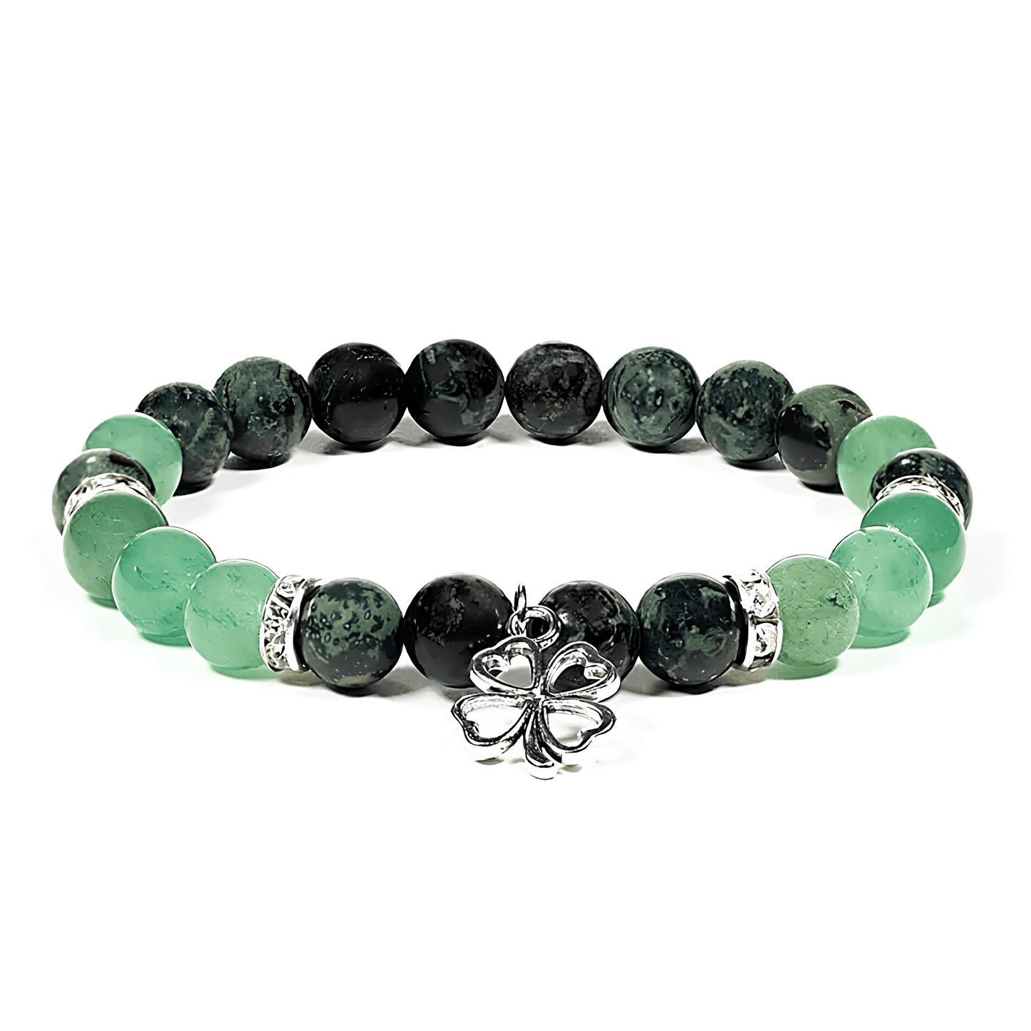Bracelet spirituel en aventurine verte et labradorite avec breloque en forme de trèfle à quatre feuilles