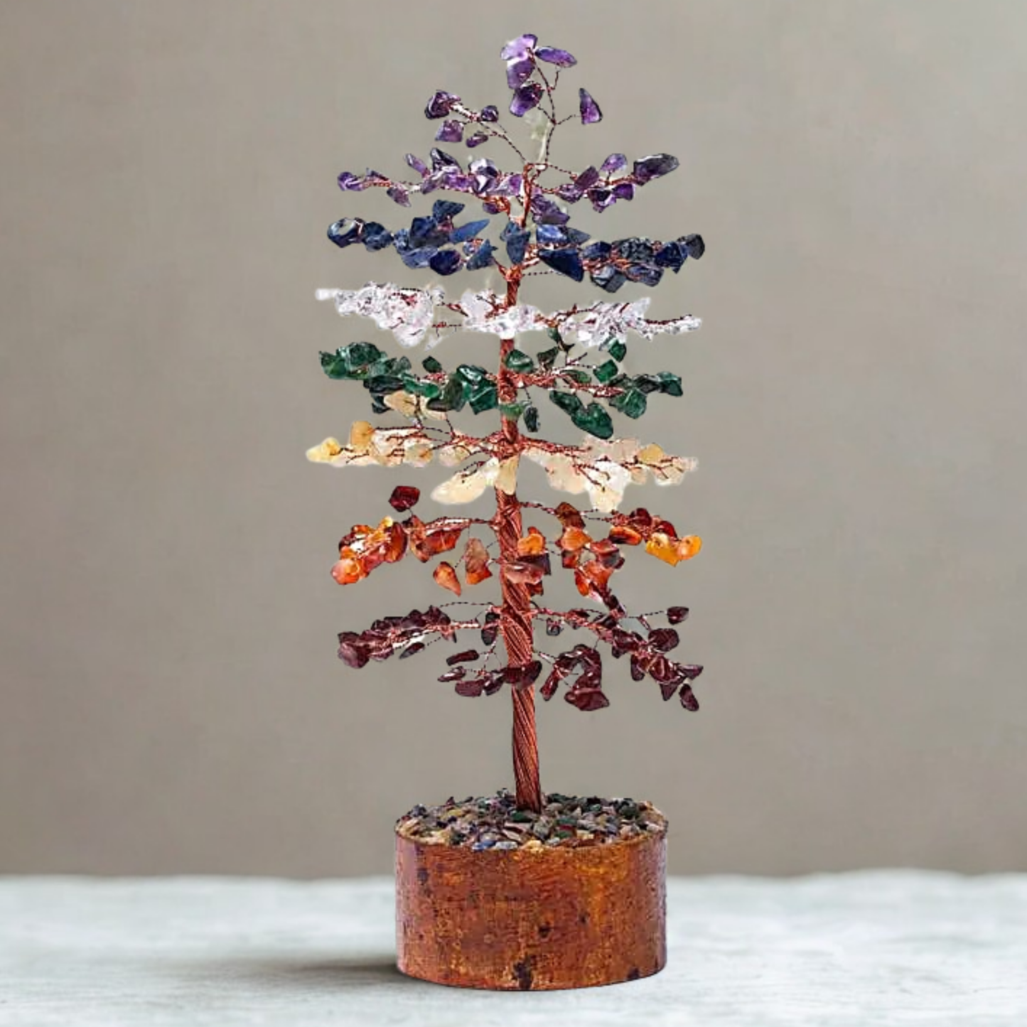 CRYSTAL TREE 7 CHAKRA 300 CRYSTALS Sacred Neem Wood & Healing Gemstone Energy