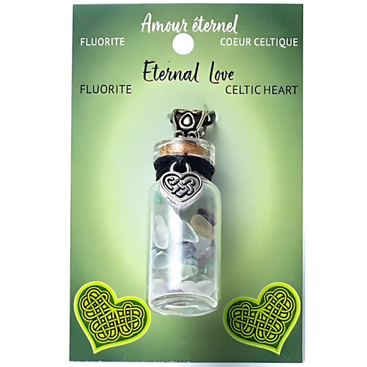 FLUORITE GLASS GIFT BOTTLE NECKLACE WITH CELTIC HEART CHARM Eternal Love & Balance