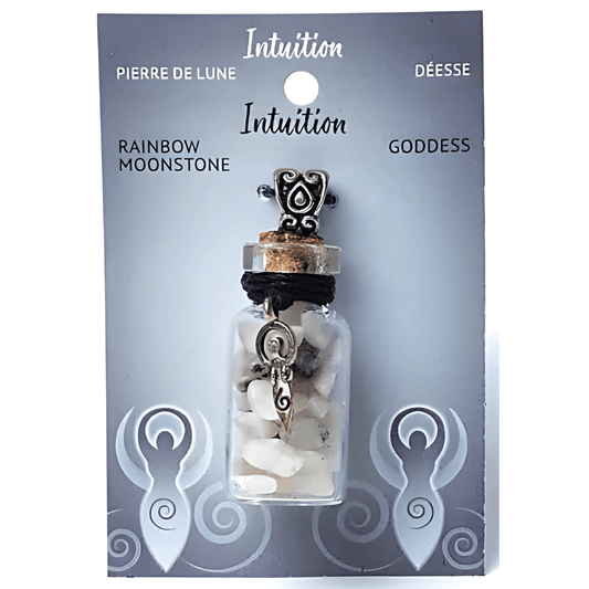 RAINBOW MOONSTONE GLASS GIFT BOTTLE NECKLACE WITH GODDESS CHARM – Intuition & Dreams