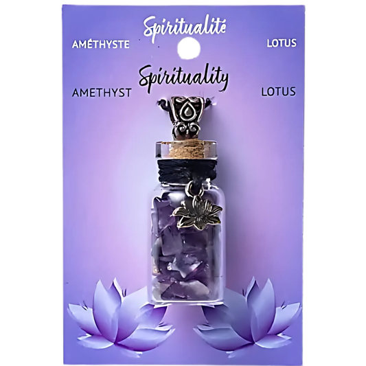 Amethyst necklace in a glass bottle with packaging labeled 'Spirituality on a purple background.