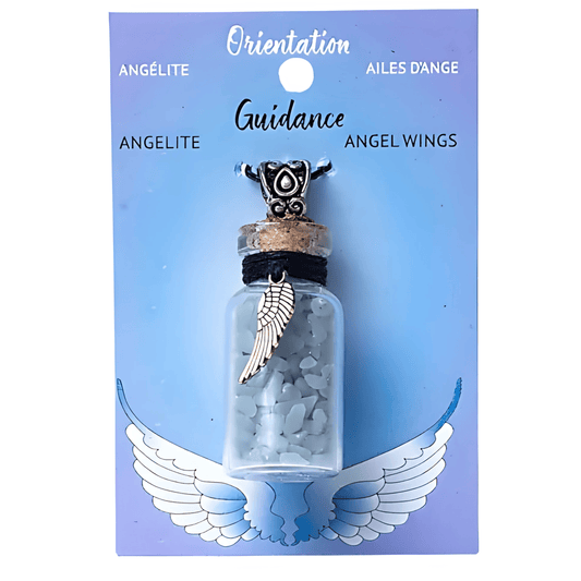 Pendant with angel wings in a small glass bottle on a blue card with text