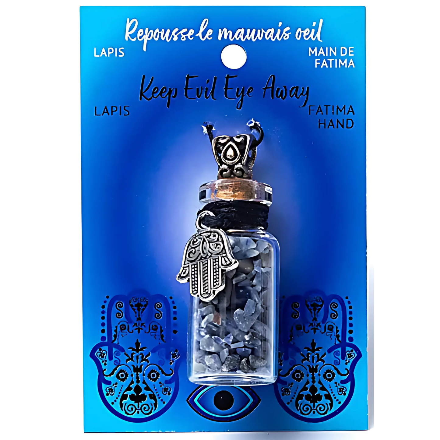 Pendant with stones in a glass bottle on a blue card with text