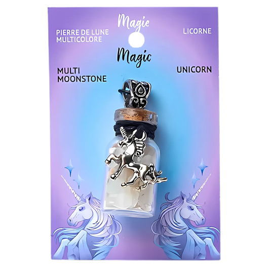 Unicorn charm in a bottle with packaging featuring 'Magic' and 'Licorne' text.