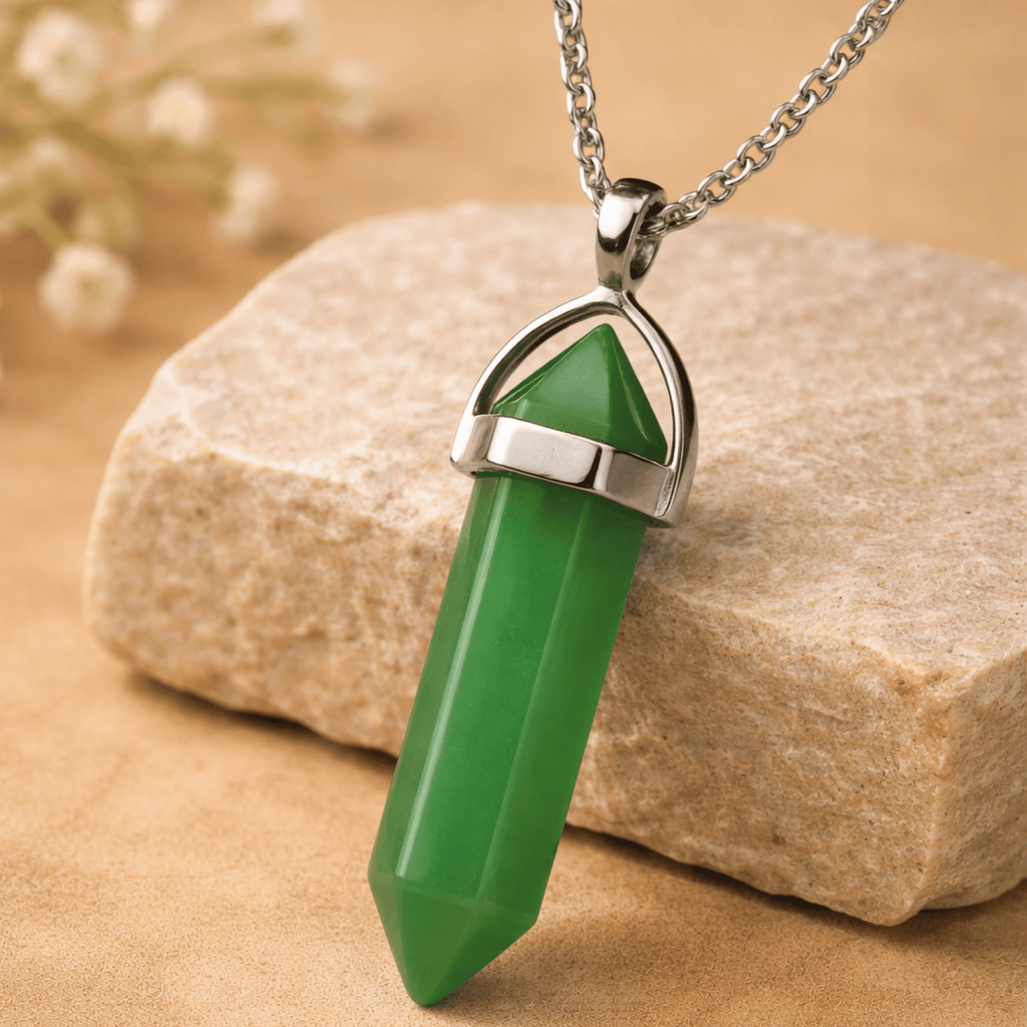 GREEN AVENTURINE CRYSTAL POINT NECKLACE Luck & Prosperity Stone – 50cm Stainless Steel Chain