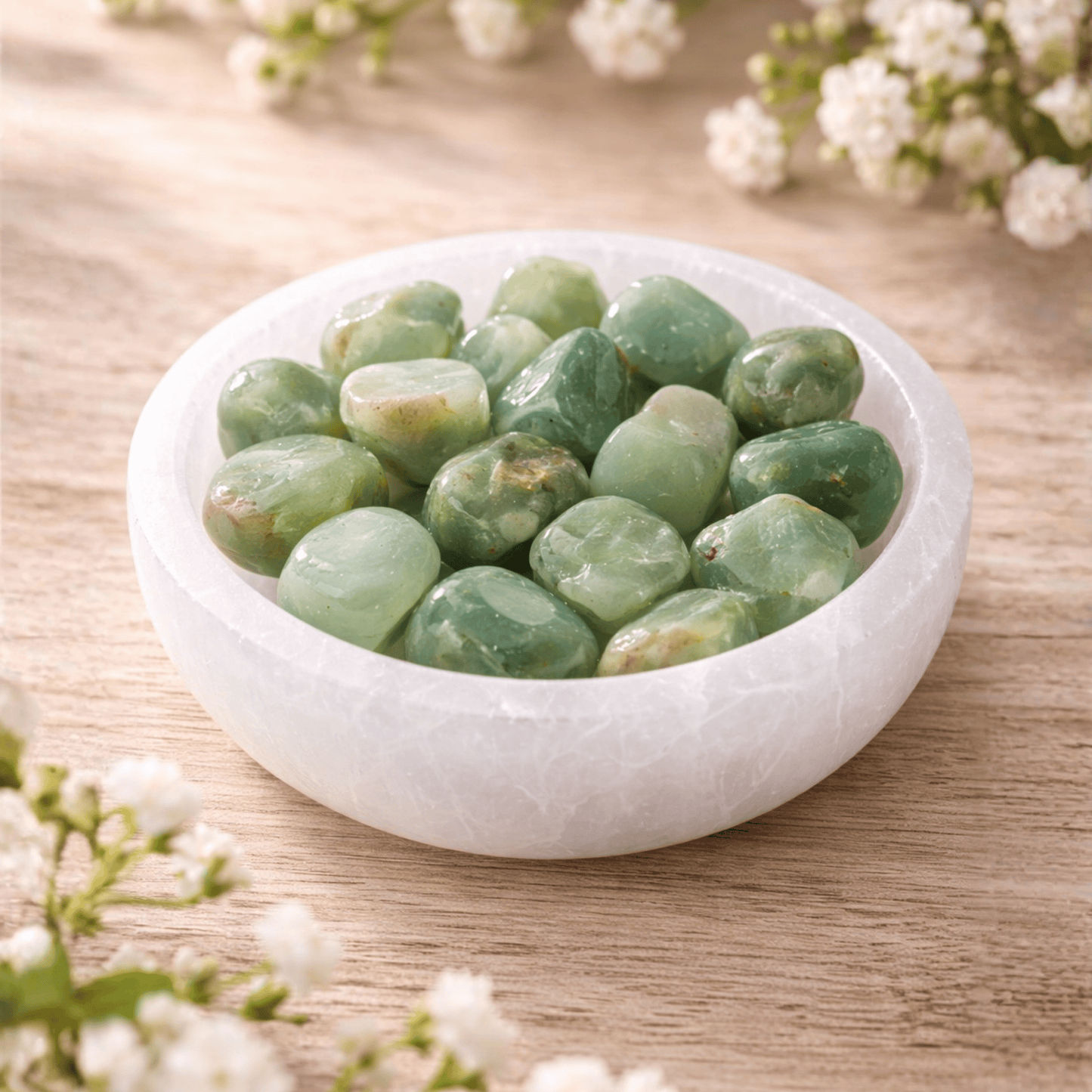 Green Fluorite tumblestone in a selenite white bowl