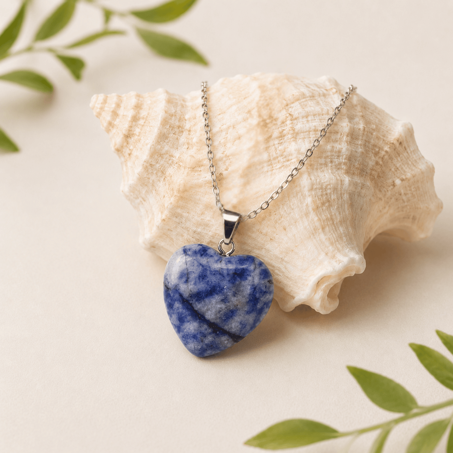 SODALITE HEART CRYSTAL PENDANT STAINLESS STEEL NECKLACE