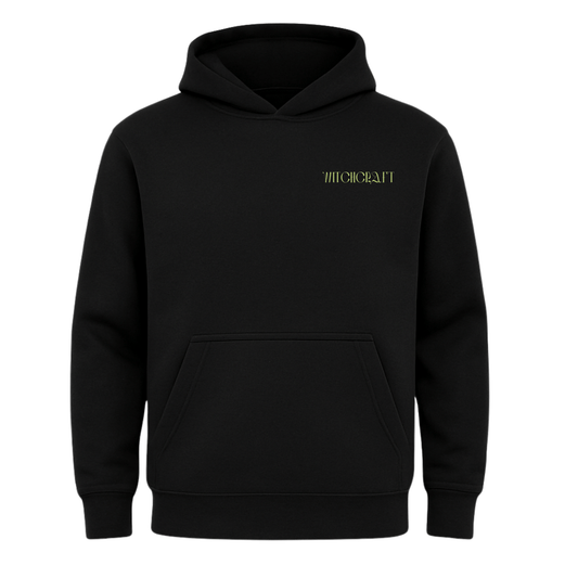 Black hoodie with a logo on the chest against a white background