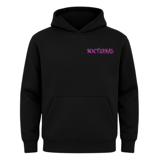 Black hoodie with pink text on a white background