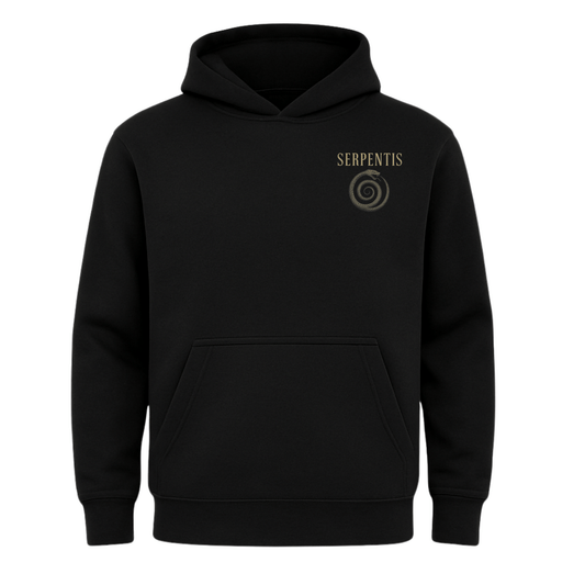 Black hoodie with 'Serpentis' logo on a white background