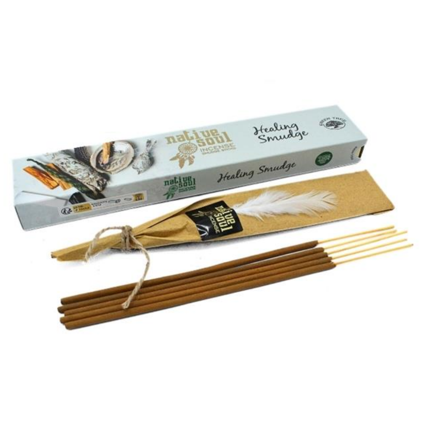 Natural Soul Healing Smudge sticks shown with their pale blue cardboard packaging box, a brown paper sleeve with a white feather, and several light brown wooden smudge sticks on a white background.