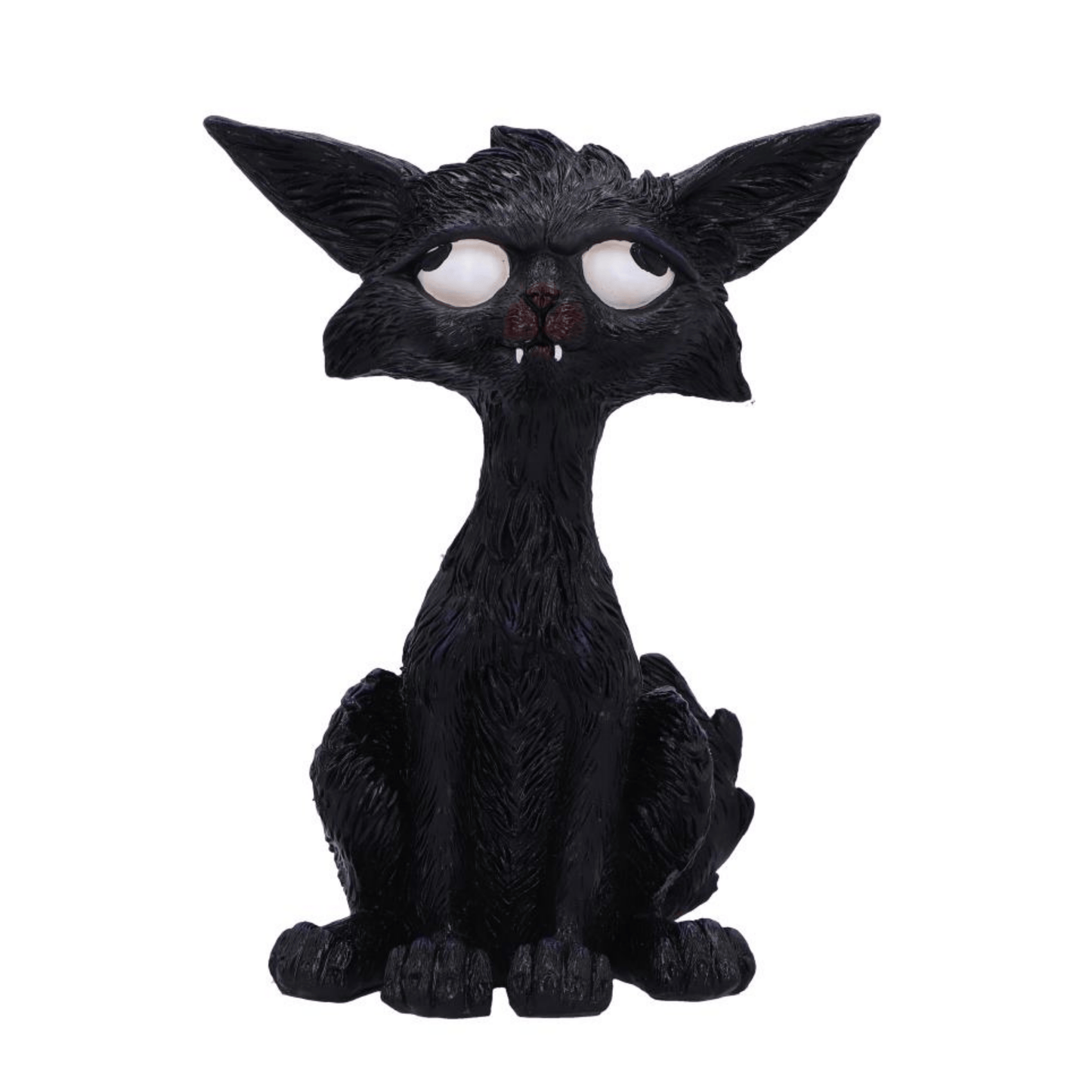 Black cat figurine with large eyes and pointed ears on a white background