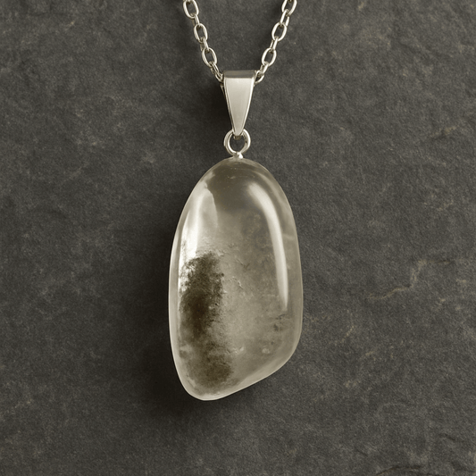 LodolitePendant necklace with a clear stone on a dark gray background