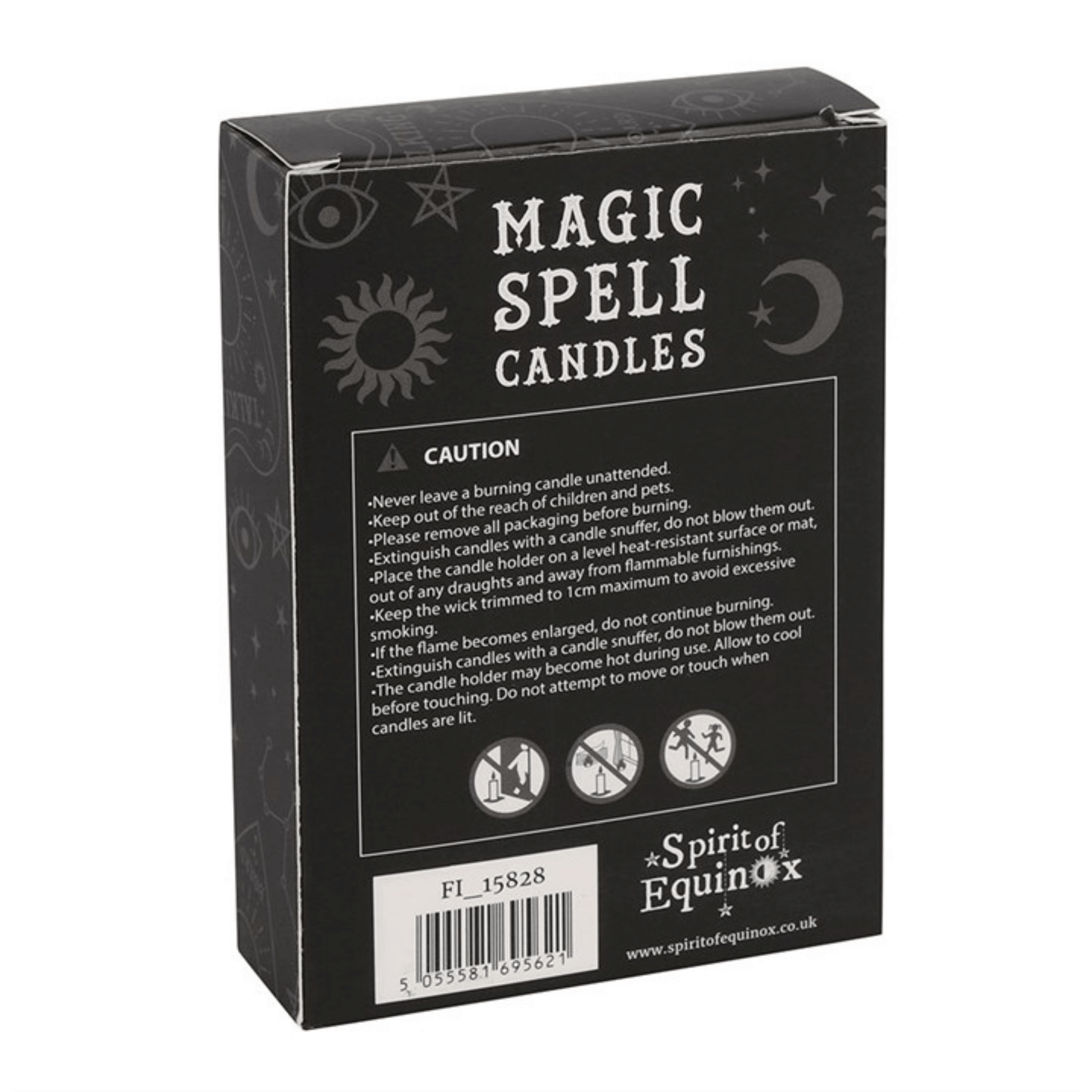 Box of Magic Spell Candles with branding and warning text on a white background
